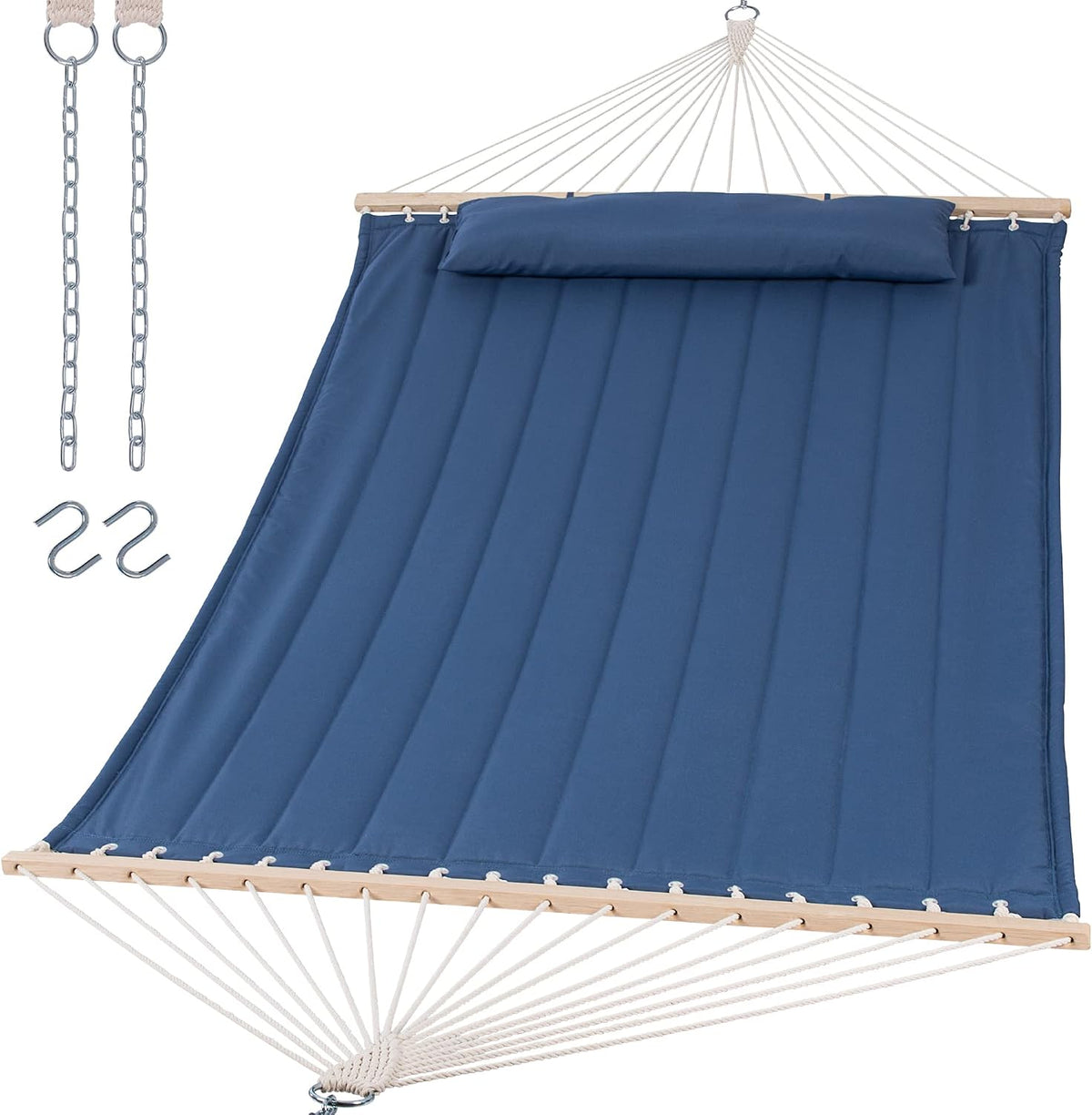 SUNCREAT Double Outdoor Hammock with Hardwood Spreader Bar, Blue