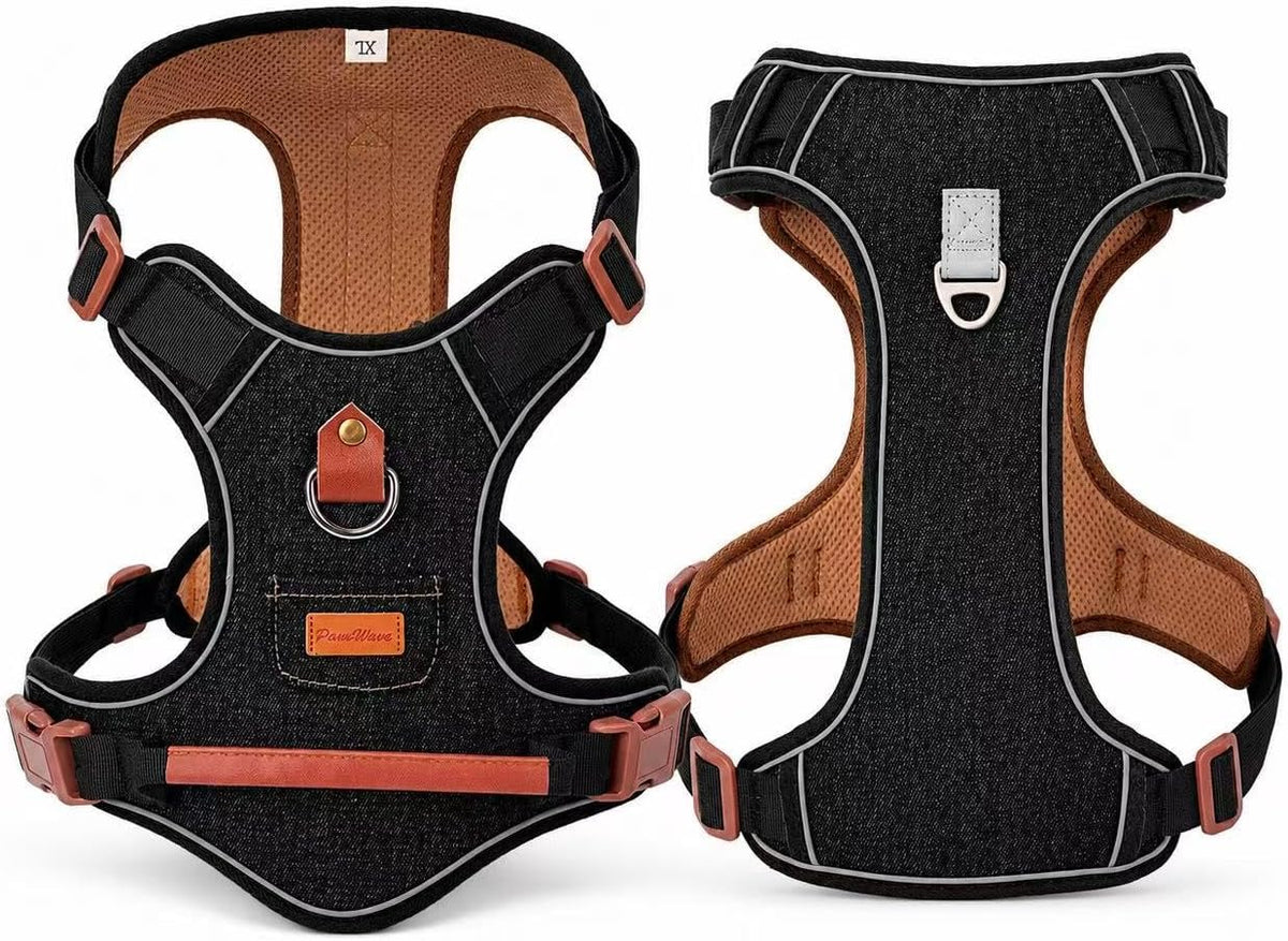 Denim No Pull Dog Harness, Reflective Front Clip Vest, Black, L