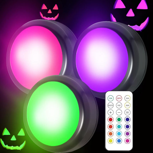 Muti Color Pumpkin Lights,Halloween Led Lights with Remote and Timer,Color Changing Black Puck Light,Battery Operated Pumpkin Flameless Candles for Jack-O-Lantern, Halloween and Christmas Decor.