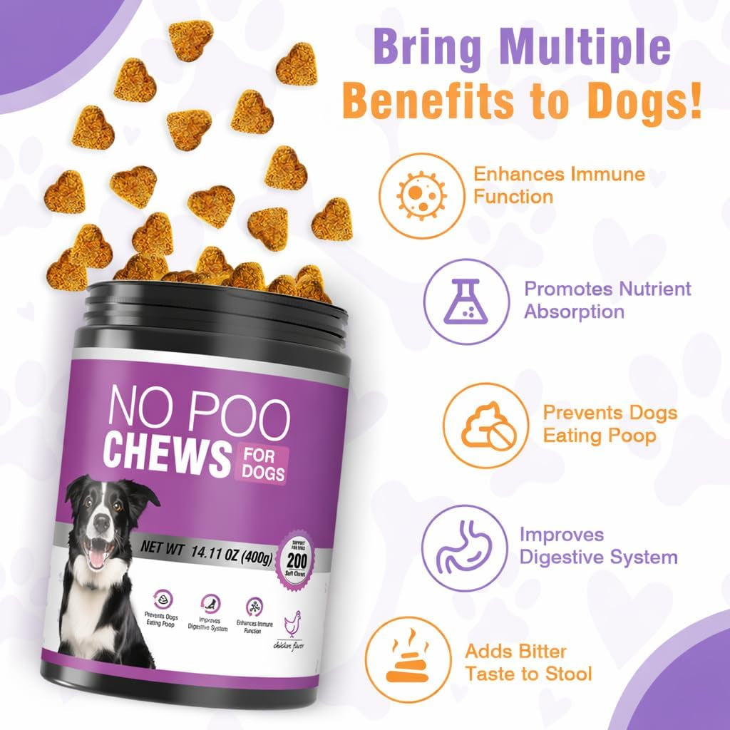 200 Chews No Poo Chews-No Poop Eating Deterrent for Dog-Coprophagia Deterrent for Dogs-Prevent Stop Dogs from Eating Poop Supplement with Digestive Enzymes&Probiotics-Breath Freshener-Chicken