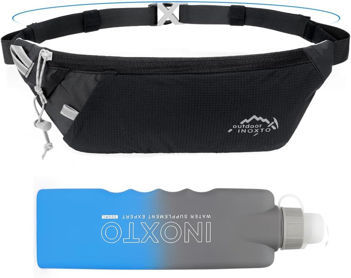 INOXTO Slim Running Belt Fanny Pack for Women and Men Sports Waist Bag Pack with 300Ml Water Bottle for Running Walking Cycling Hiking Reflective Running Pouch Belt for All Phones (Black) (Black)