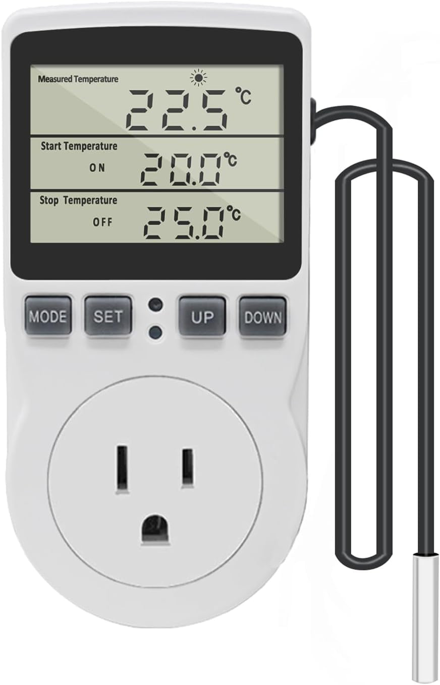 KETOTEK Digital Thermostat Outlet Plug, 120V 15A Temperature Controller with 9.8Ft Probe, Heating/Cooling Mode, Celsius/Fahrenheit Display, for Greenhouse Reptile Fermentation