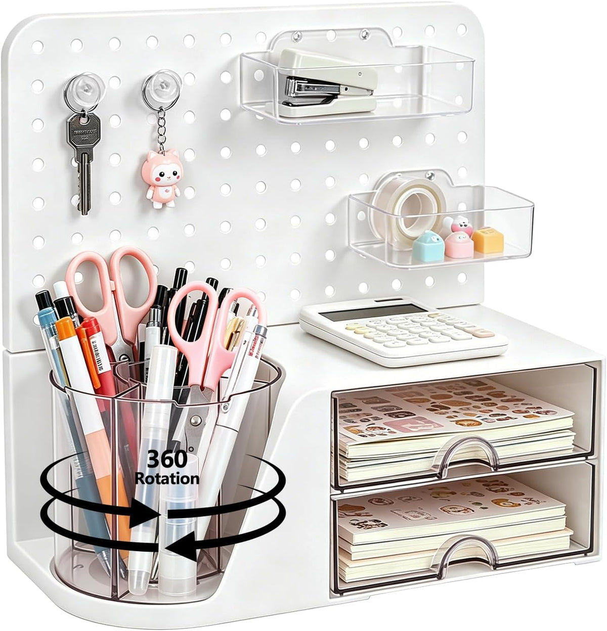 Desk Organizer with 360° Rotating Pen Holder, 5 Slots, 2 Drawers & Pegboard for Office School Art Supplies (White)