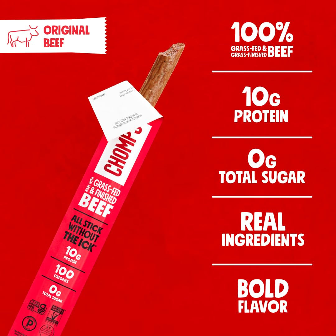 Chomps Grass-Fed and Finished Original Beef Jerky Snack Sticks 10-Pack - Keto, Paleo, Whole30, 10G Lean Meat Protein, Gluten-Free, Zero Sugar Food, Non-Gmo