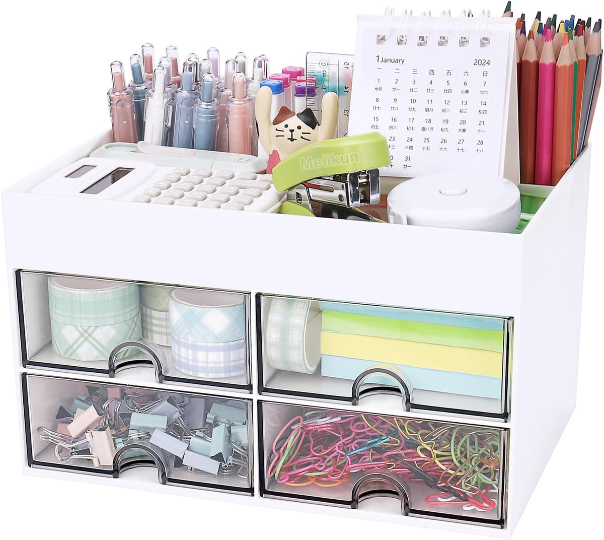 Desk Organizer, Office Organizer with Drawer, Desk Accessories & Workspace Organizers, Pen Holder Office Supplies for Desk (4 Drawers+4 Compartments, White)