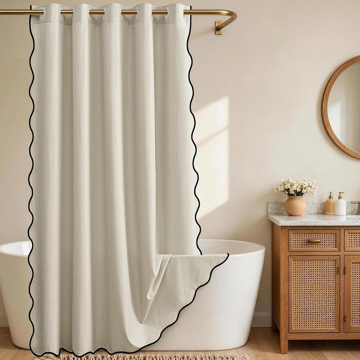 Furlinic No Hook Scalloped Shower Curtain Natural Linen Modern Fabric 72X75
