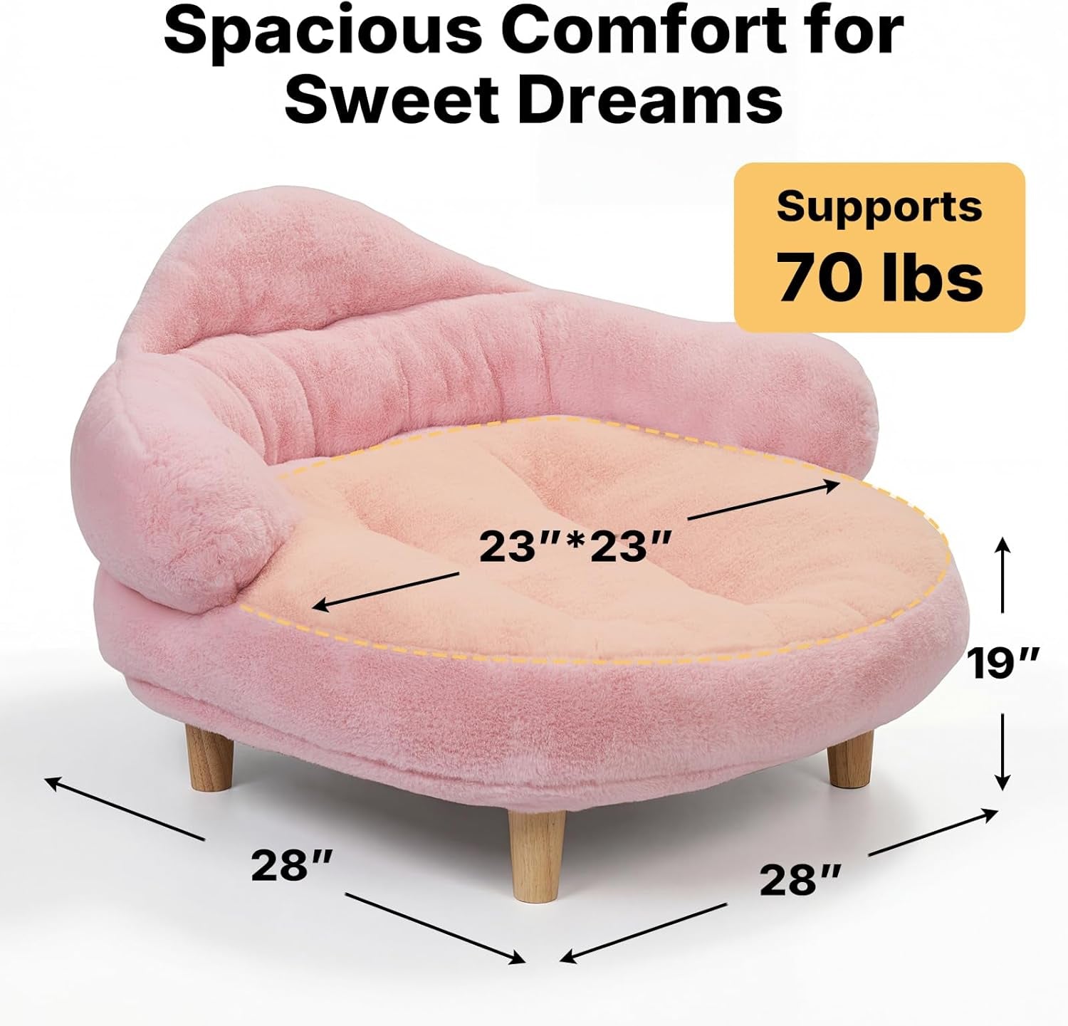 Veehoo Elevated Dog Couch Bed, Cute Dog Sofa Bed for Small Medium Dogs, Raised Dog Bed with Washable Cover and Sturdy Wood Legs, Modern Indoor Pet & Puppy Beds with Frame and Soft Cushion, Light Pink