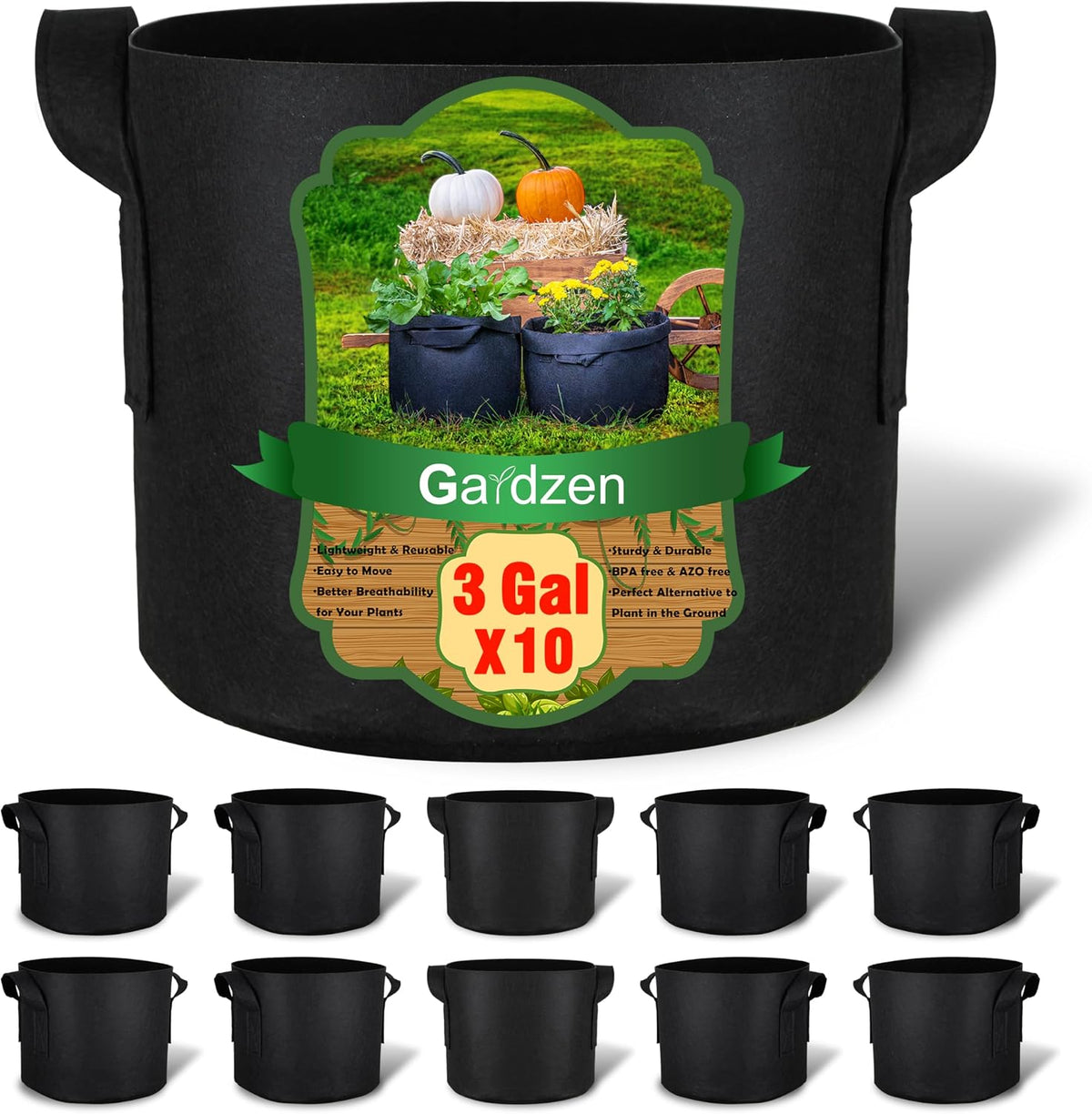 Gardzen 10-Pack 3 Gallon Grow Bags Fabric Pots with Heavy Duty Handles