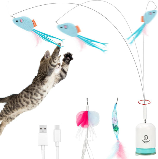Migipaws Interactive Automatic Cat Teaser Wand Toy with Strong Suction Cup, 70Cm Flexible Wire & DIY Bending Design, Rechargeable Cat Exercise Toy with Auto Timer for Indoor Cats (White)