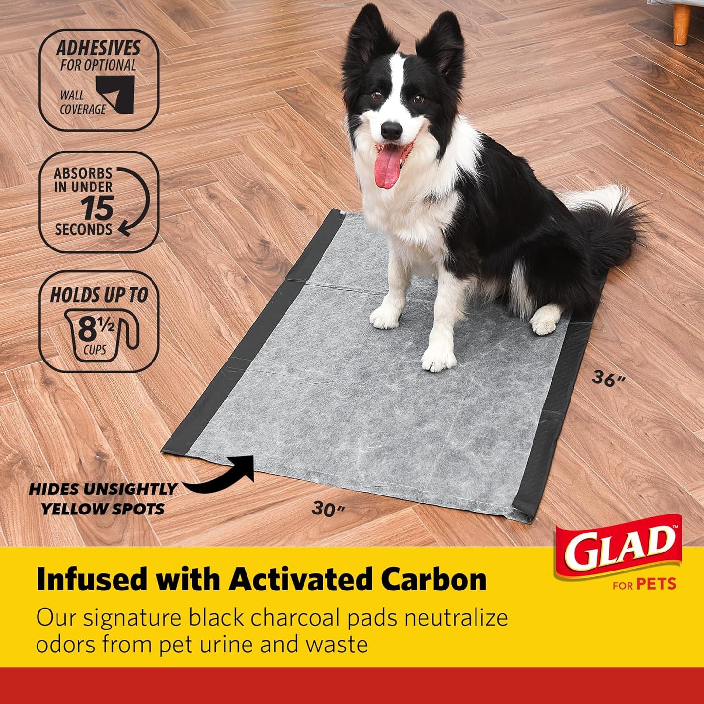 Glad for Pets Day to Night Activated Carbon Puppy Training Pads, Odor Control Disposable Dog Pads with Adhesive and Wall Protection, Leak Proof and Super Absorbent, 30 X 36 Inch, 24 Count