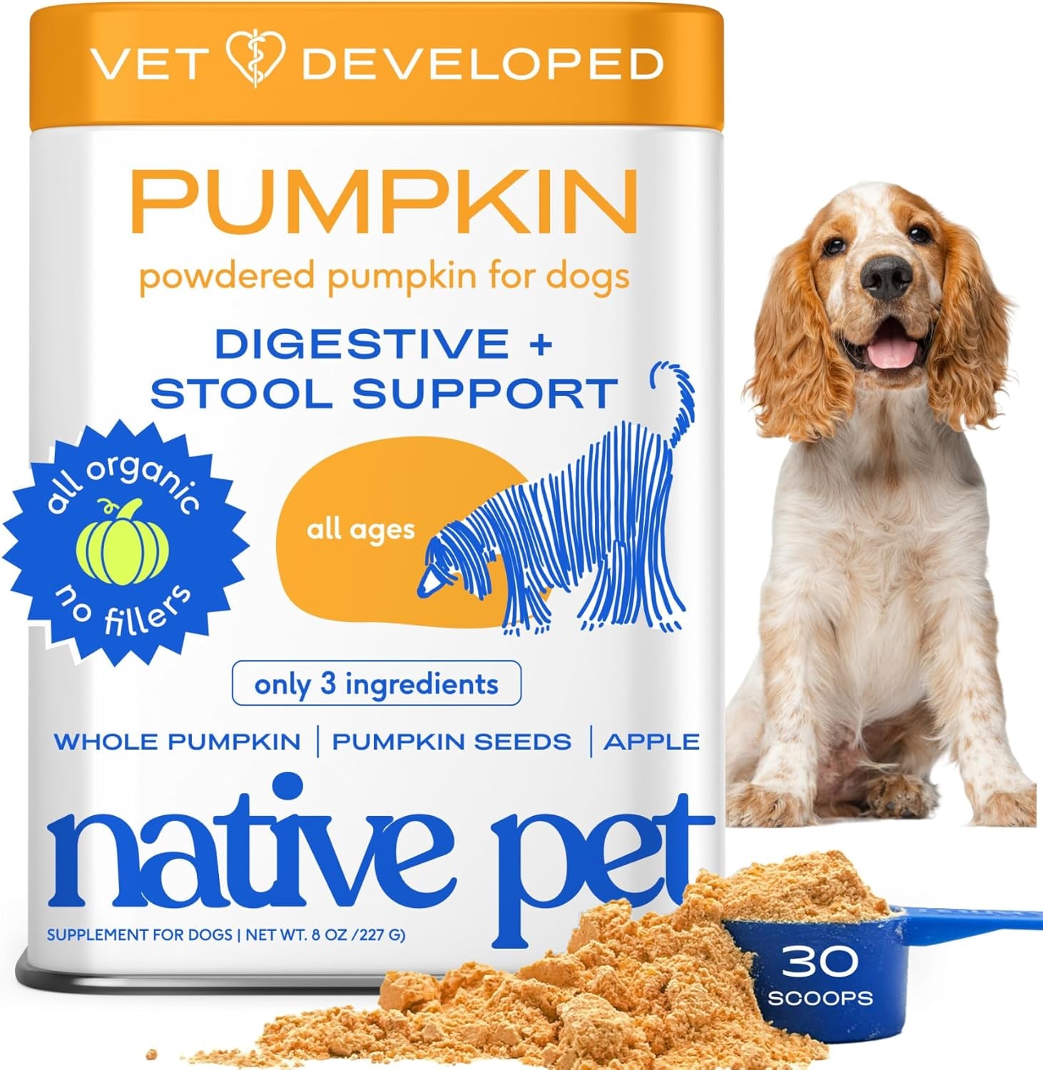 Native Pet Pumpkin for Dogs - Organic Dog Food Topper Powder - Promotes Firm Stools, Supports Digestive, Bowel Health & Nutrient Absorption - USDA Organic, Rich in Fiber with Real Pumpkin - 30 Scoops