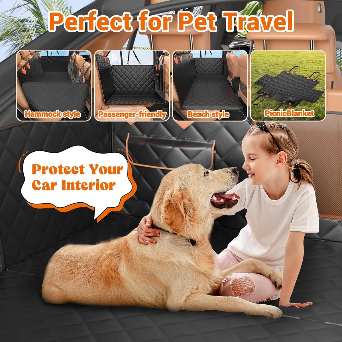 IJVAE Dog Seat Cover for Back Seat, Hard Bottom Back Seat Extender Holds 500 Lbs, Waterproof & Nonslip Car Hammock for Large Pets, Comfortable Travel Seat Protector for SUV and Sedan