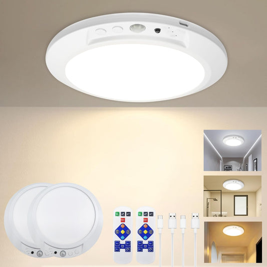 2Pack Rechargeable Motion Sensor Ceiling Light with Remote, 3 Color Wireless Closet Light Battery Operated, Magnetic Dimmable LED Lights for Stairs Hallway Pantry Shed Garage Shower Patio Porch