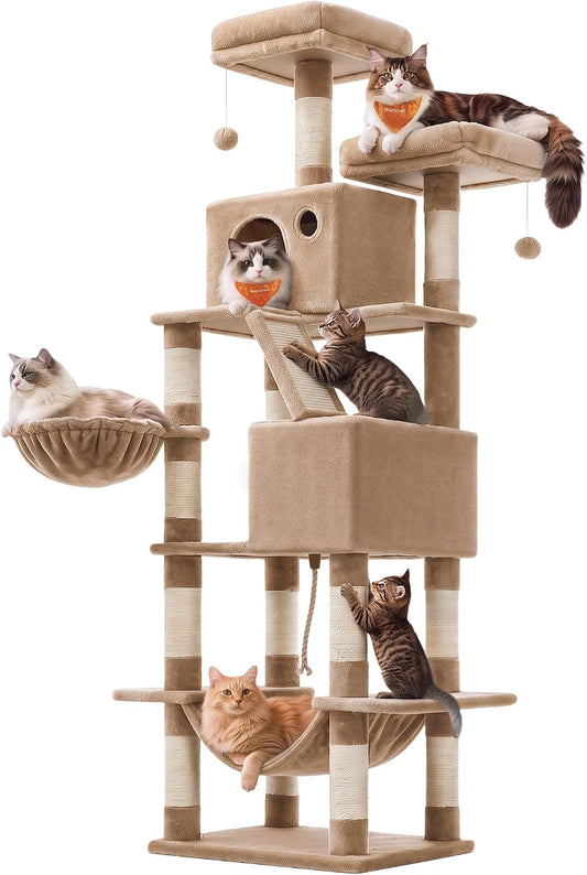 Feandrea Cat Tree, 81.1-In Large Cat Tower, Multi-Level Condo, Camel Brown