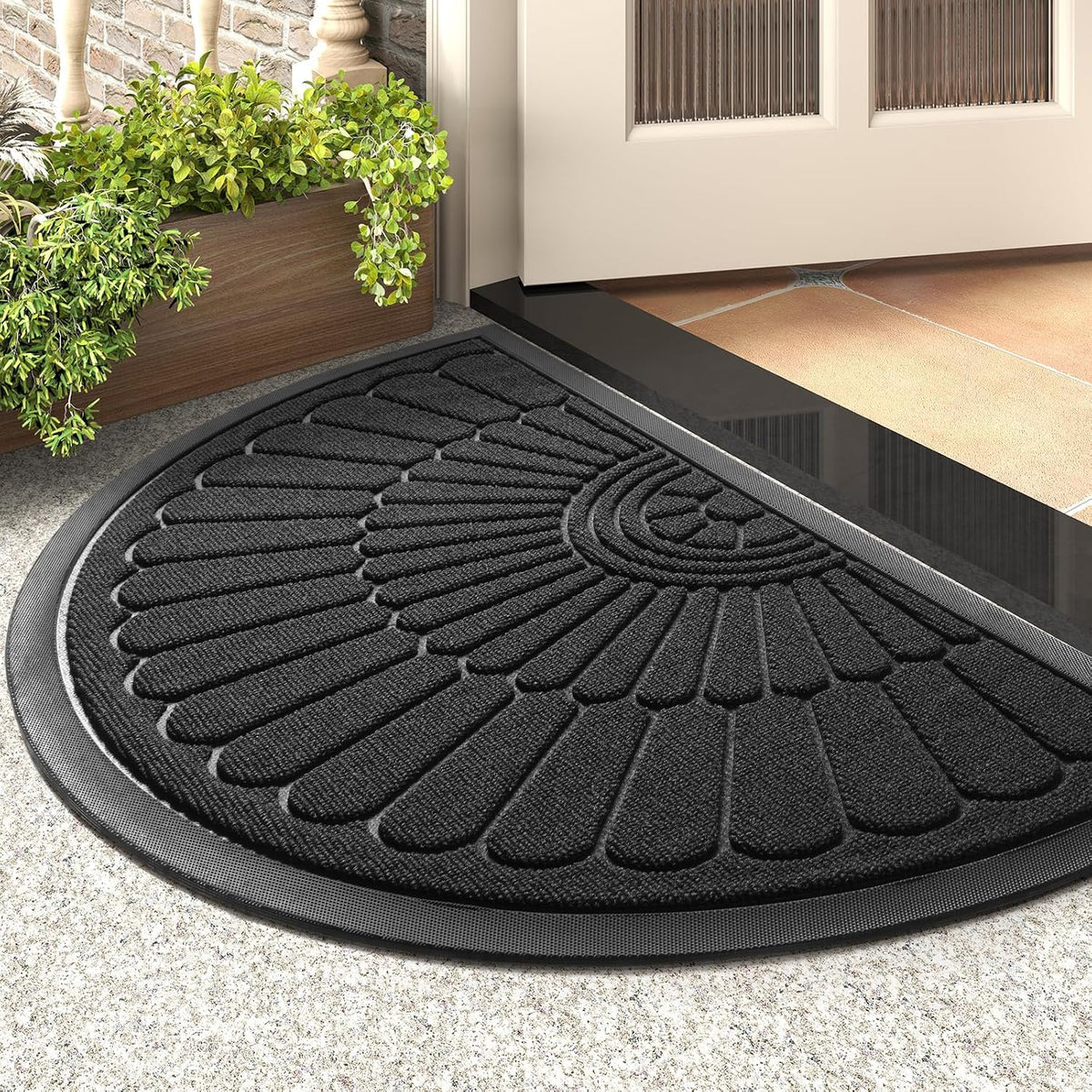 Tchdio Door Mat Outdoor Indoor Entrance Doormat-Semicircular Durable Rubber Non Slip Front Door Mat for outside inside Entry Entryway Dirt Trapper Welcomemat for Muddy Paws and Shoes-Black 24”X36”
