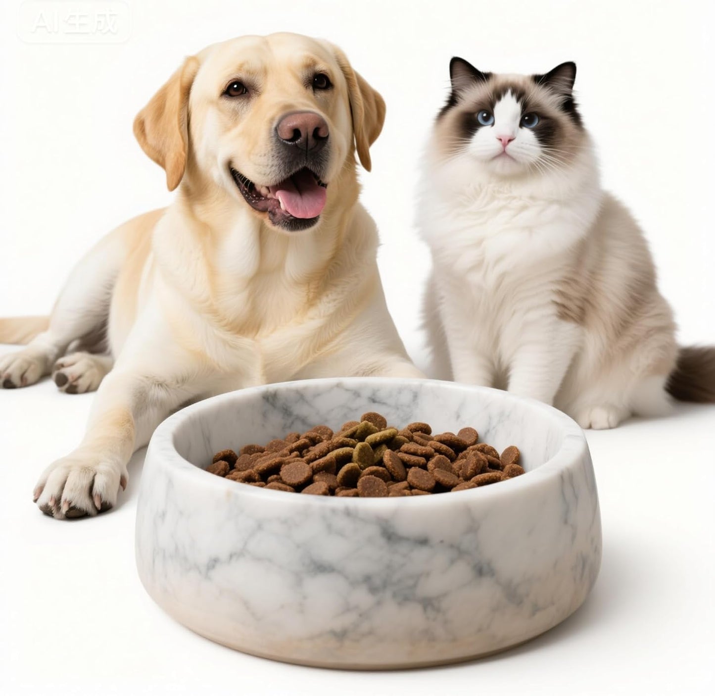 Dog Bowl Natural Carrara Marble Dog Dish Heavy Duty Pet Food and Water Bowl for Dogs and Cats, Non-Slip Stone Pet Dish, Tip-Proof & Chew-Proof, Elegant White Marble Design, 600Ml (20Oz)