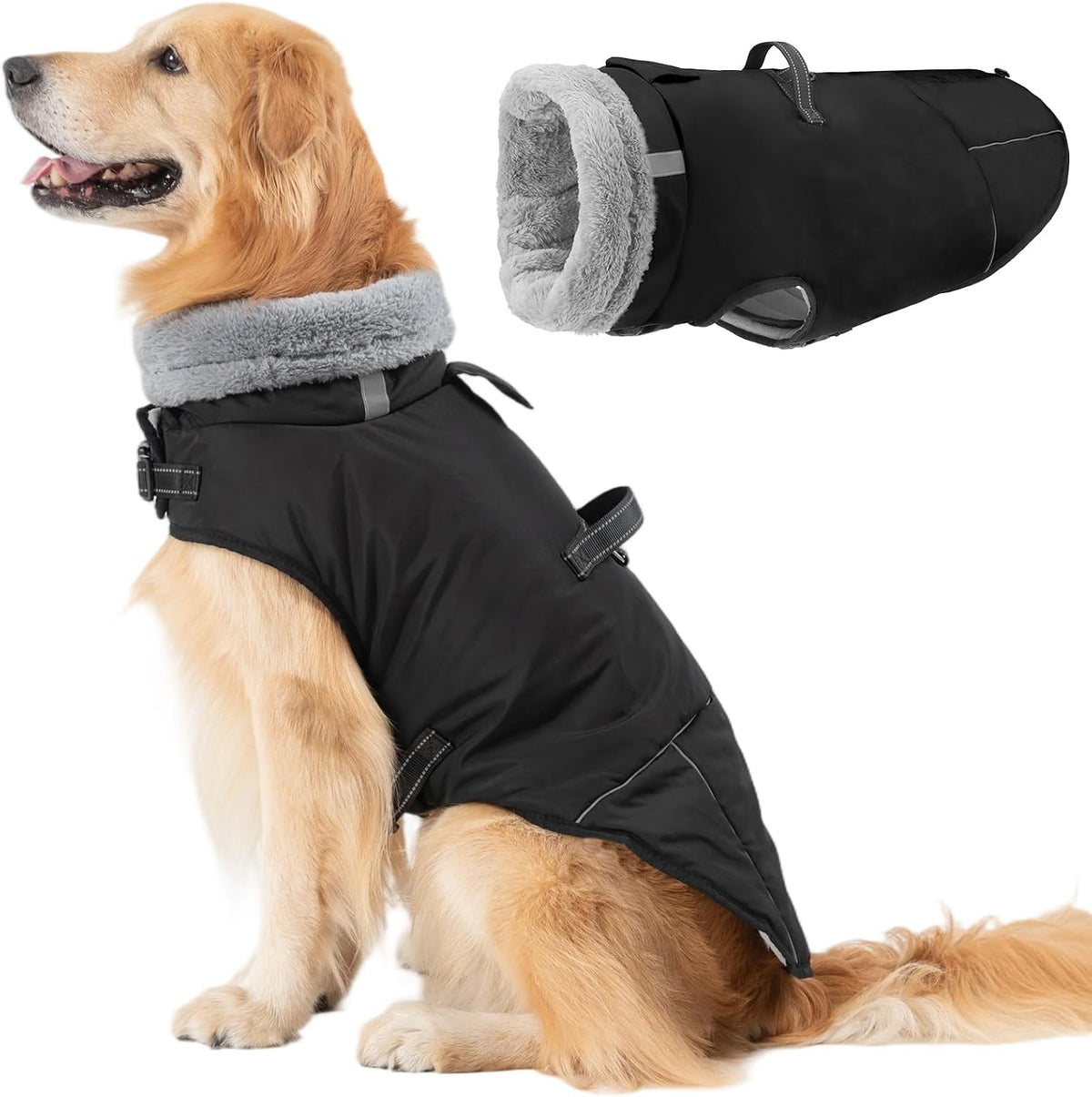 Mihachi Dog Coat for Large Dogs, Warm Dog Winter Coat Waterproof Dogs Jacket with Harness Built in Reflective Pet Fleece Vest, Puppy Cold Weather Coats Turtleneck & Windproof Pet Snowsuit, Black L
