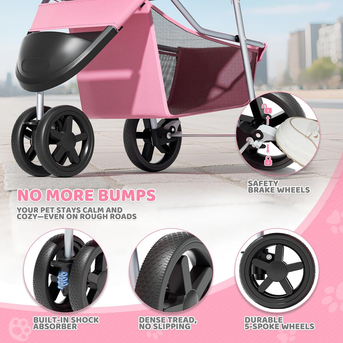 Magshion 3-Wheel Pet Stroller for Small/Medium Dog Cat, up to 33Lbs, Pink