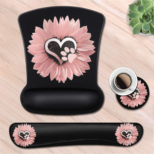 Mouse Pad with Wrist Support, Ergonomic Gel Mouse Pad, Memory Foam Keyboard Wrist Rest,For Office Typing, Games, Desktop Decoration, Sunflower and Dog Paw Print Pet and Pink Flowers