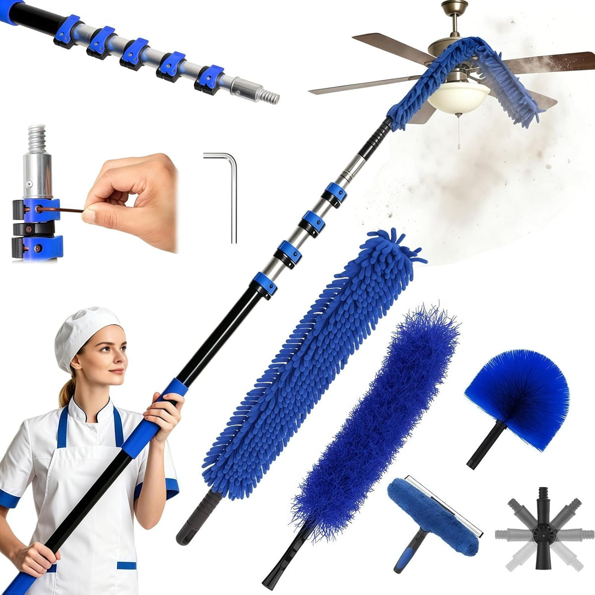 30T Reach Duster Kits, Window Cleaning Kit with 5-24FT Telescoping Extension Pole, Cobweb Duster, Washable Fan Duster for Ceiling, Window Squeegee for Glass and Microfiber Feather Duster