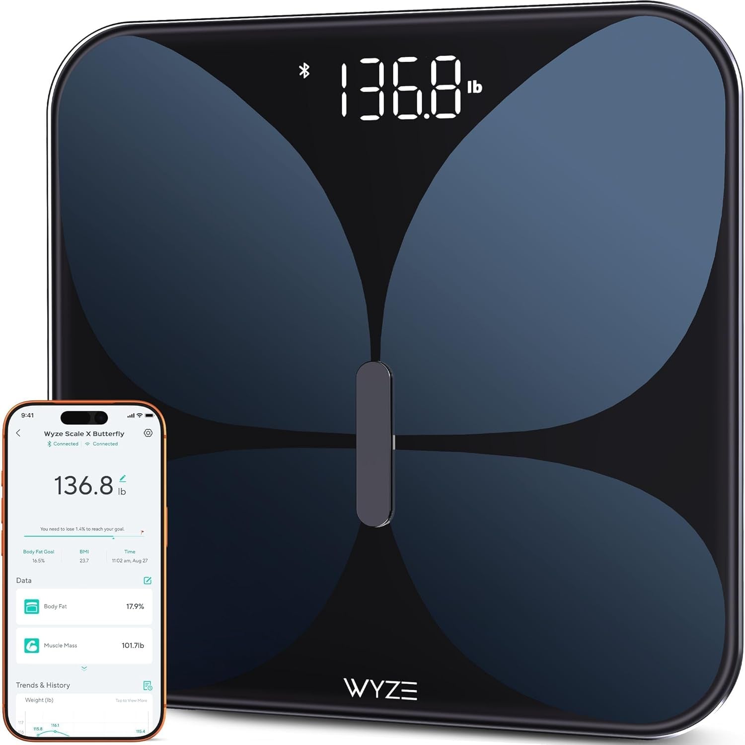 Wyze Smart Scale X Butterfly - Bathroom Scale for Body Weight, BMI, Body Fat, Muscle Mass, Accurate Bluetooth Digital Scale for Body Composition Analyzer | Sync Health Apps | ITO Glass, 400 Lbs, Black