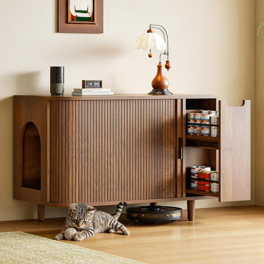 IRONCK 35.4" Cat Litter Box Enclosure with Sliding Tambour Door and Drawer