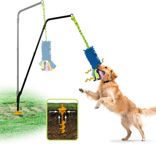 Heavy Duty Dog Spring Pole with Screw-In Ground Anchor & 360° Swivel, Adjustable Height 30-49", Durable Outdoor Tug Toy System with Bungee Squeak Rope for Large & High Energy Dog Training