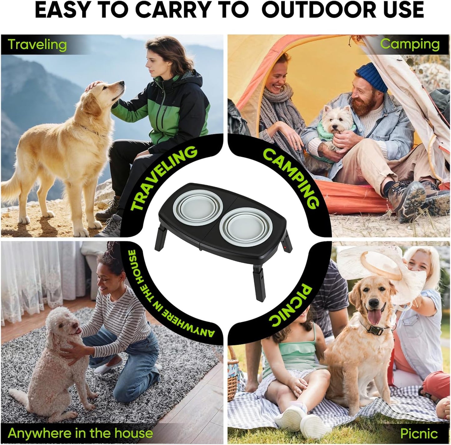 Elevated Dog Bowls Stand, 3 Height Adjustable Raised Dog Bowl with Collapsible Silicone Bowls, Non-Slip Stand for Small, Medium, Large Dogs & Pets