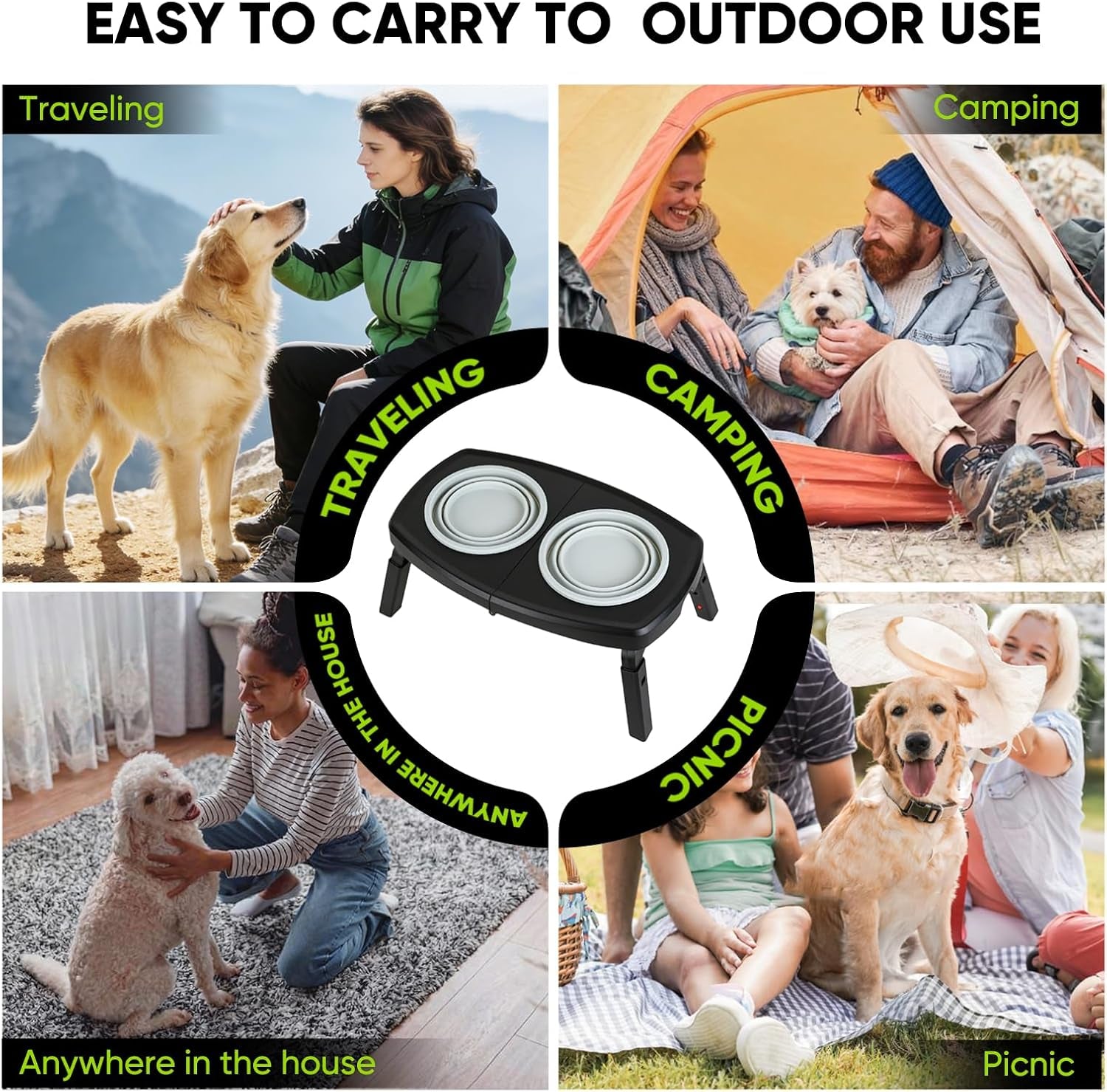 Elevated Dog Bowls Stand, 3 Height Adjustable Raised Dog Bowl with Collapsible Silicone Bowls, Non-Slip Stand for Small, Medium, Large Dogs & Pets