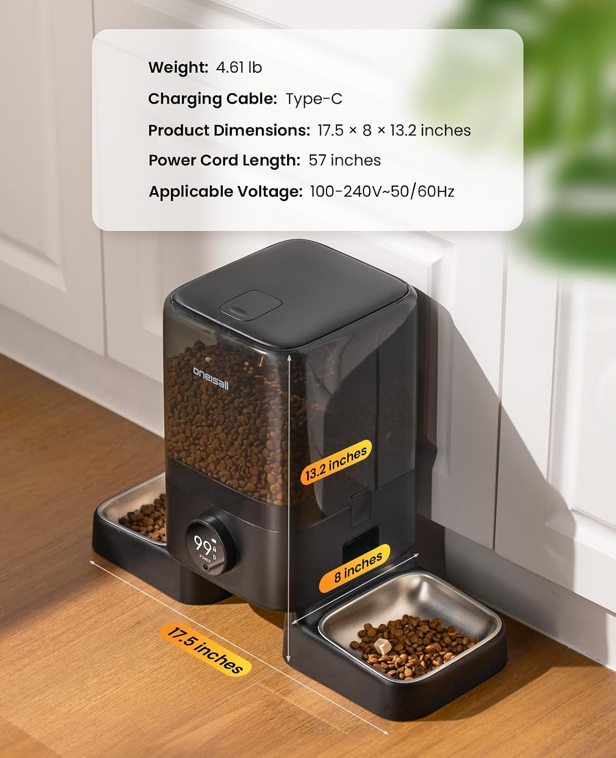 Oneisall Cordless 2.4Ghz Wifi Automatic Cat Feeder for 2 Cats, Rechargeable 100-Day Battery Operated Auto Cat Feeder, 20 Cups/5L Timed Cats Food Dispenser Automatic for Large Kibble, Smart App Control
