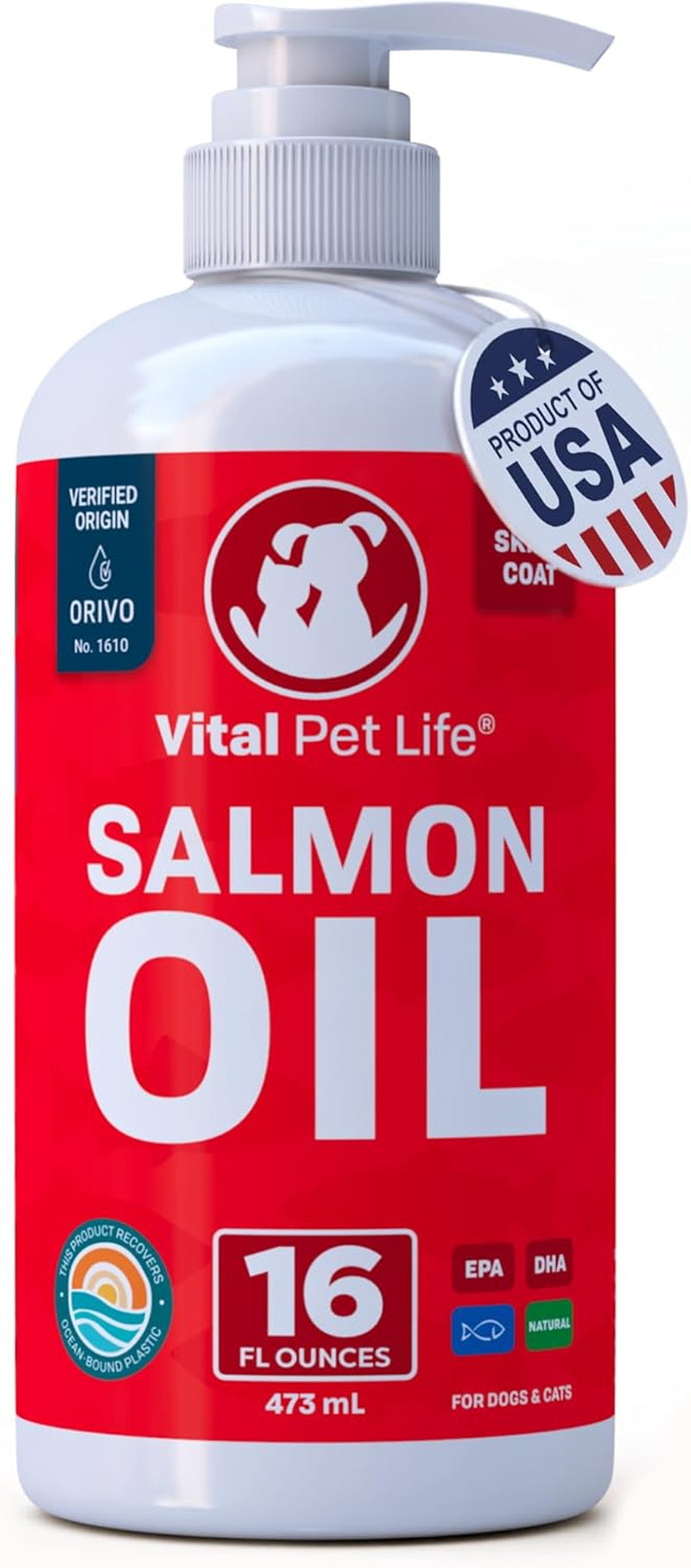 Salmon Oil for Dogs & Cats - Healthy Skin & Coat, Fish Oil, Omega 3 EPA DHA, Liquid Food Supplement for Pets, Supports Joint & Bone Health, Natural Allergy & Inflammation Defense, 16 Oz | Soft Shiny Glossy Coat, EPA DHA, Immune System & Heart Function Sup