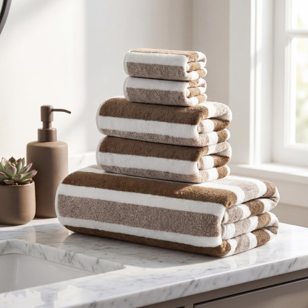 Premium 5-Piece Bath Towel Set | 100% Microfiber Ultra Soft & Quick Dry | Large Bath Towels, Hand Towels & Washcloths for Bathroom, Spa, Gym, | 1 Bath, 2 Hand, 2 Washcloths | Brown