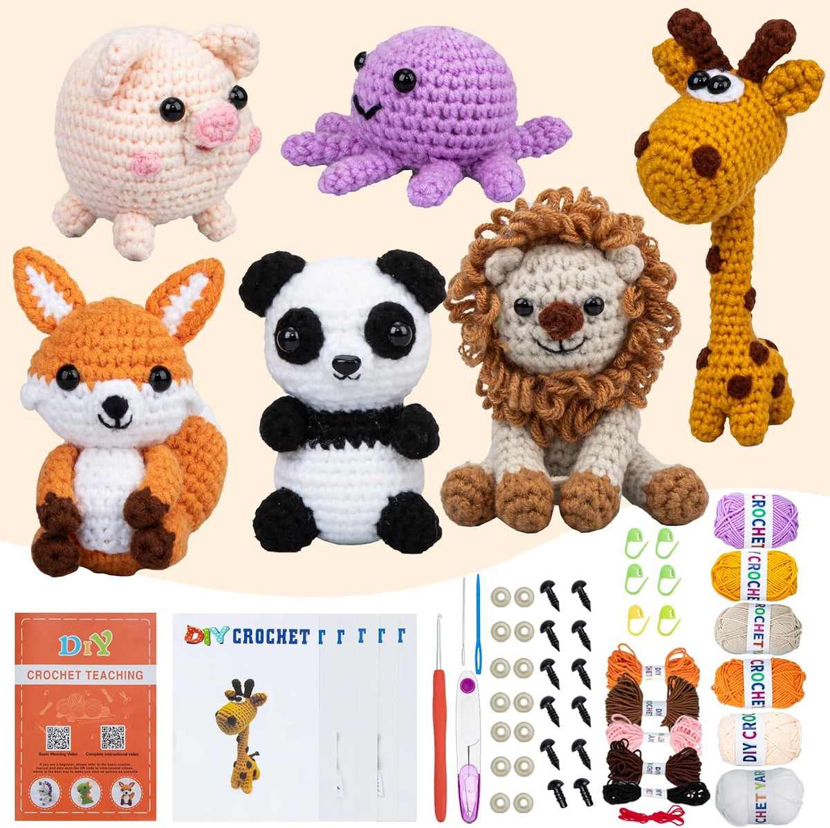 KIECIK Crochet Animal Kit – 6 PCS Crochet Knitting Kit for Beginners