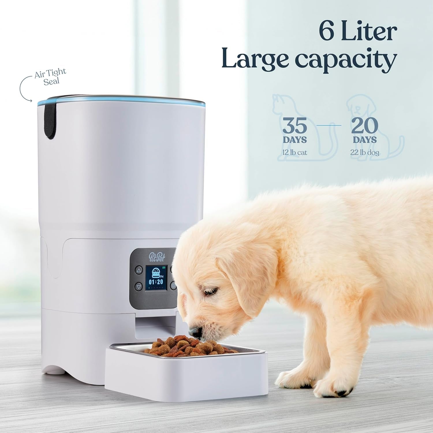 Smart Automatic Cat Feeder - 6-L Reliable Automatic Cat Food Dispenser with Display LCD Screen for Easy Set up - (White)
