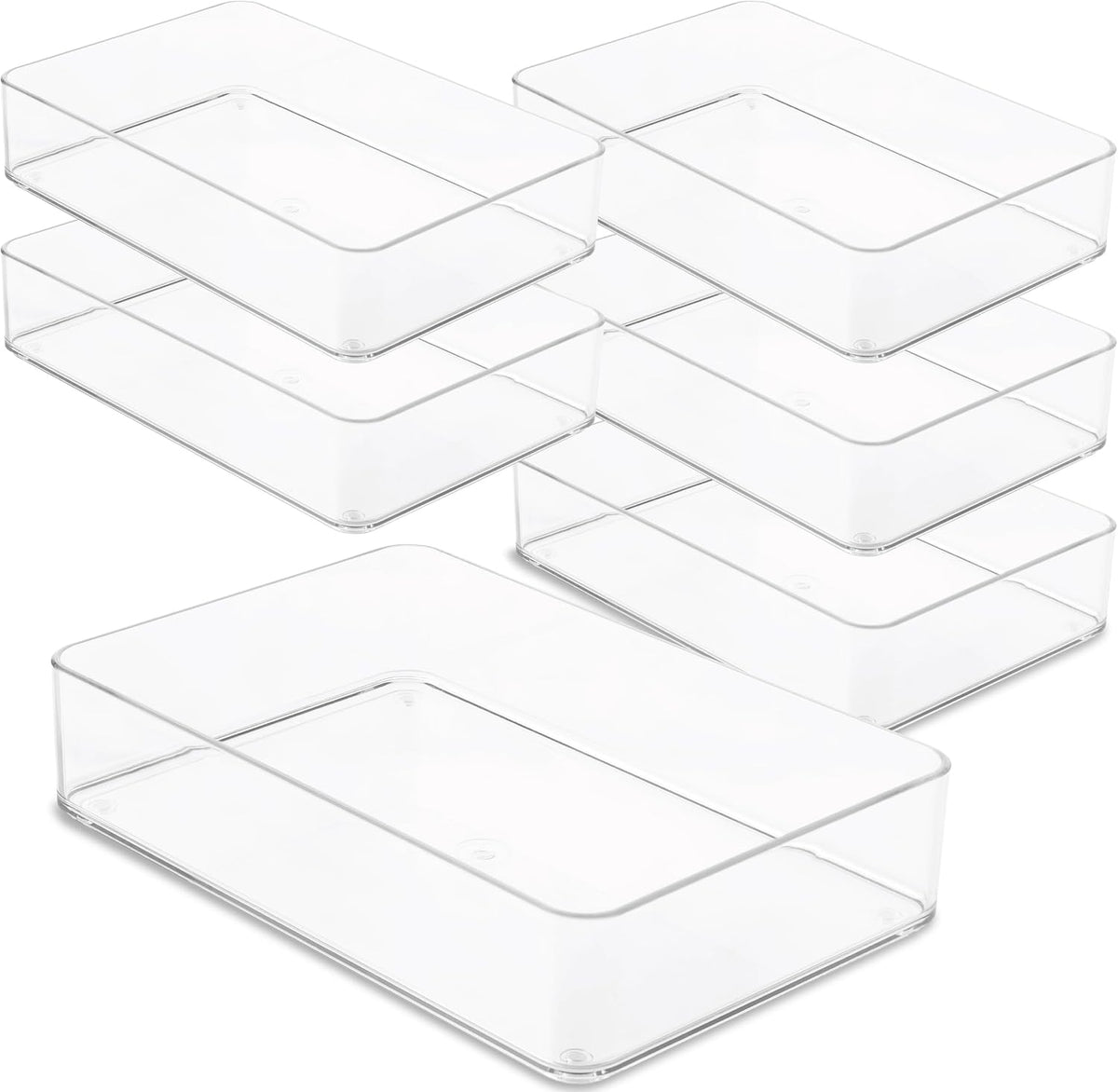 Primebox Plastic Clear Drawer Organizers. Bathroom. Kitchen, Bedroom, Utensils, Office Organizer Bins, Storage Trays. Stackable. 9" X 6" X 2" Set of 6