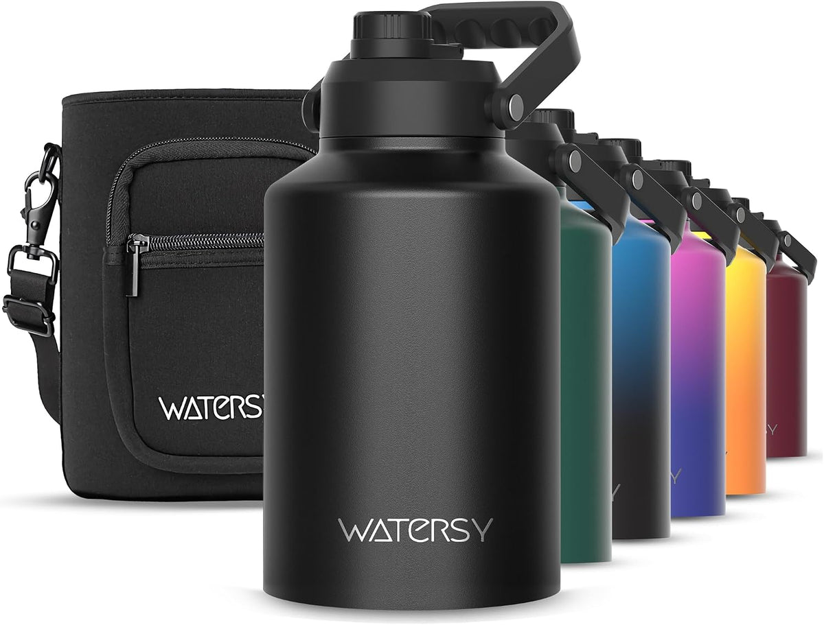 WATERSY 1 Gallon Water Bottle Insulated(Cold for 48 Hrs),Bpa Free&Leak Proof,128Oz Stainless Steel Water Jug with Handle for Gym,Hiking,Camping&Travel,Black Large Thermo