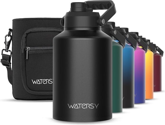 WATERSY 1 Gallon Water Bottle Insulated(Cold for 48 Hrs),Bpa Free&Leak Proof,128Oz Stainless Steel Water Jug with Handle for Gym,Hiking,Camping&Travel,Black Large Thermo