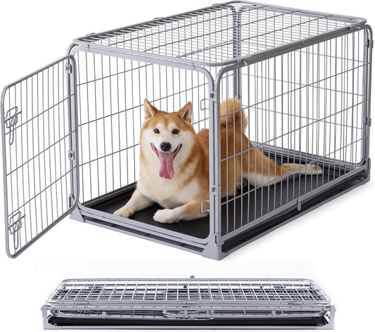 Collapsible Dog Crate for Medium Dogs - 36 Inch Escape Proof Metal Dog Kennel with Double Door, Easy Assembly Foldable Dog Cage with Removable Tray, Indoor Outdoor Use, Silver Gray