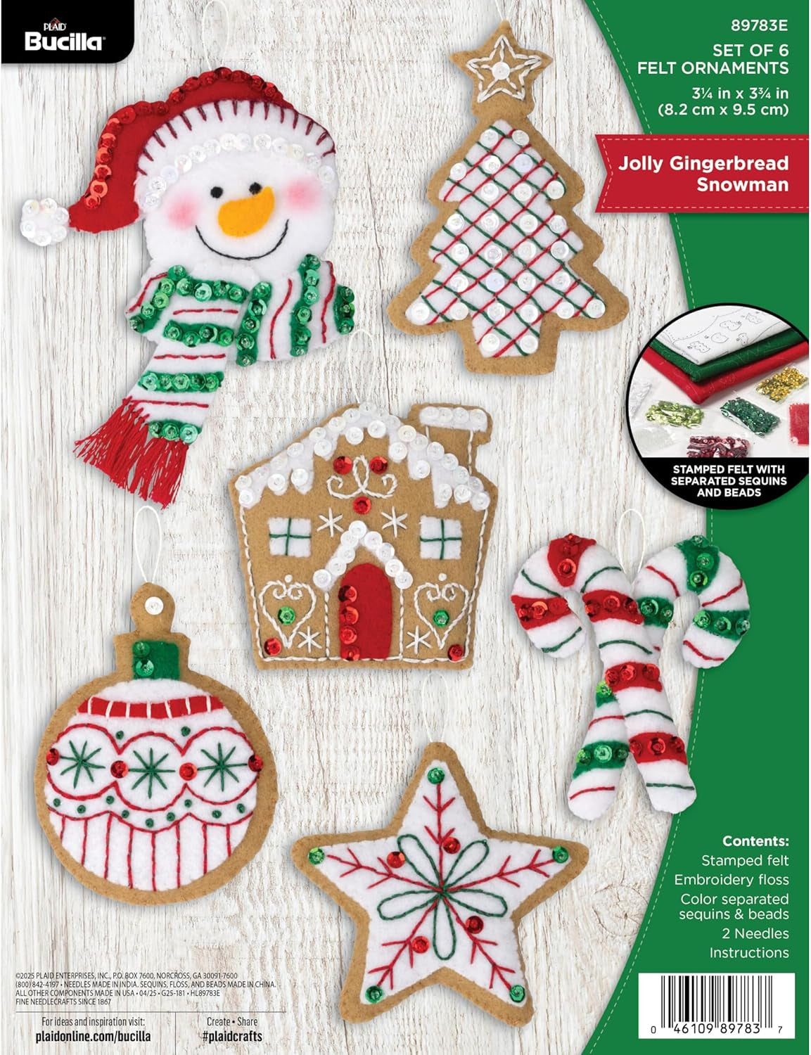 Bucilla Felt Applique 6 Piece Ornament Making Kit, Jolly Gingerbread Snowman, Perfect for DIY Arts and Crafts Projects
