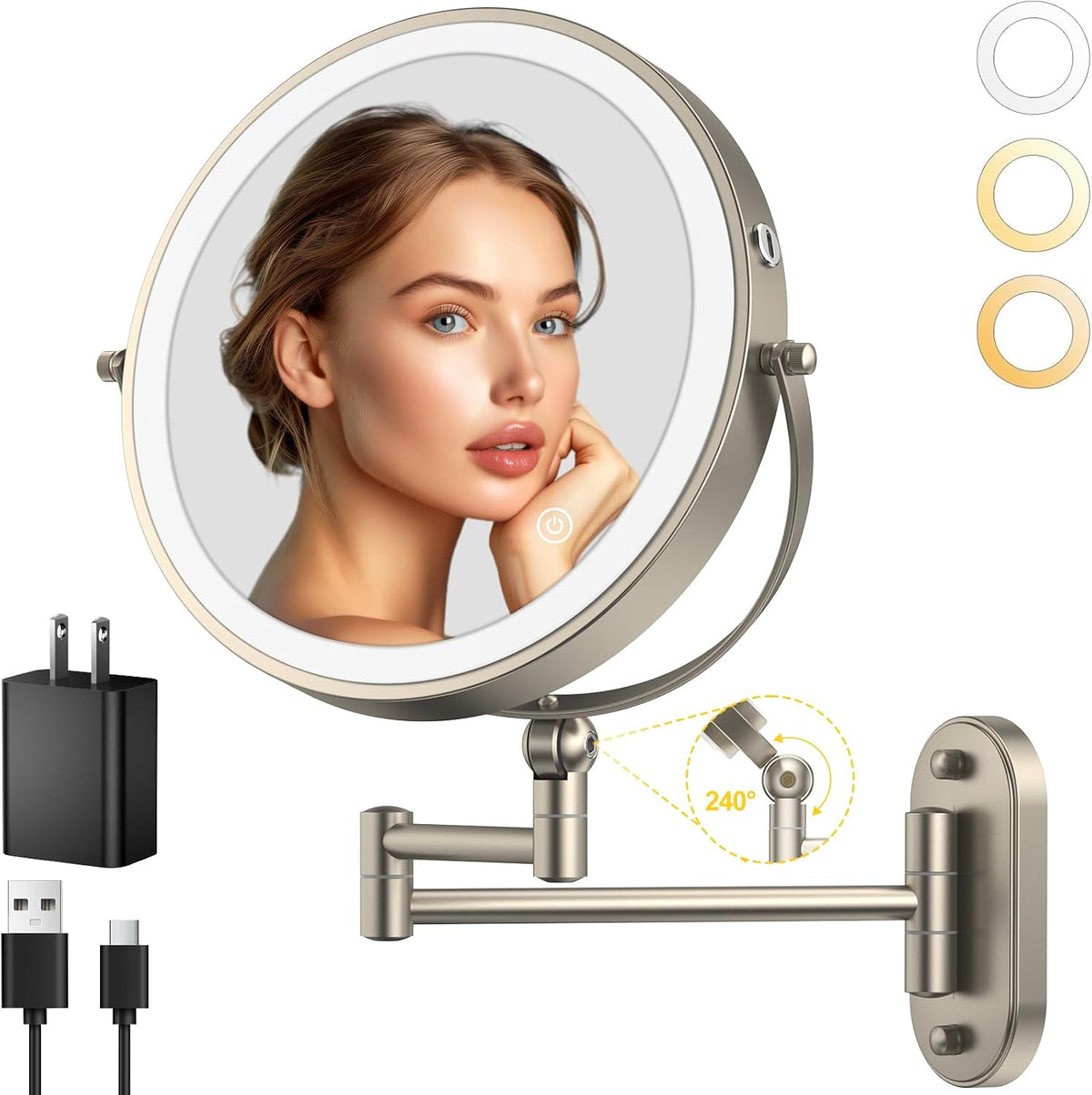 IMIKONA 9" Wall Mounted Lighted Makeup Mirror,4000Mah Rechargeable Double Sided 1X/10X Magnifying Mirror with Light,3 Color Lights,Touch Dimmable,Extended Arm 360 Rotation Wall Mounted Makeup Mirror