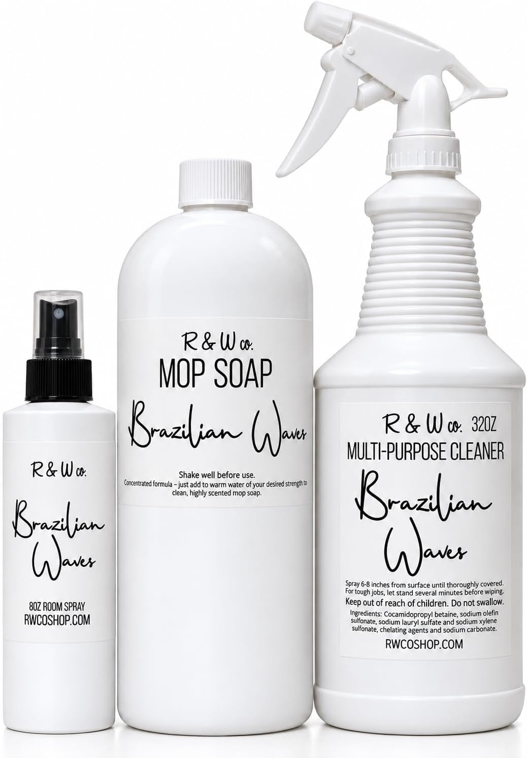 R&W CO. Brazilian Waves Luxury Cleaning Day Bundle – Premium 32Oz Mop Soap, Deodorizing Room Spray (8Oz), and 32Oz Multi-Purpose Surface Cleaner Degreaser Kit – Pet & Family Safe