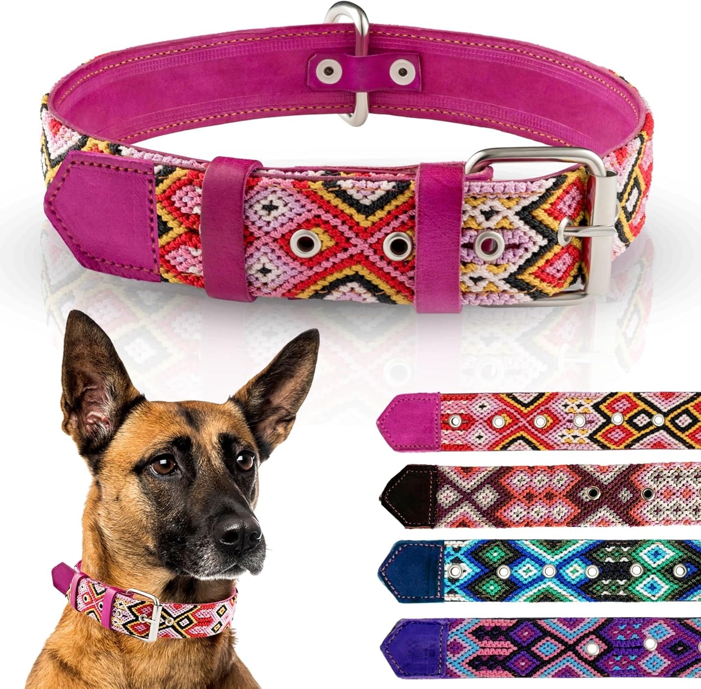 Leather Western Dog Collar - Embroidered, Handmade, Blue Pink, Medium Large, Cute, Collar Para Perros (Rose Blush)