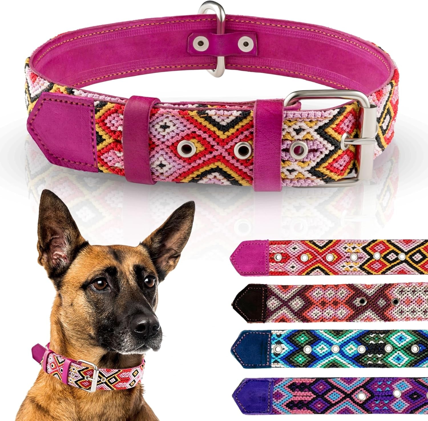 Leather Western Dog Collar - Embroidered, Handmade, Blue Pink, Medium Large, Cute, Collar Para Perros (Rose Blush)