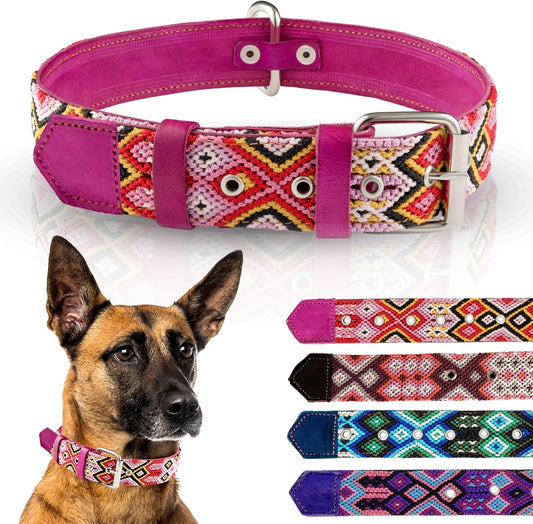 Leather Western Dog Collar - Embroidered, Handmade, Blue Pink, Medium Large, Cute, Collar Para Perros (Rose Blush)