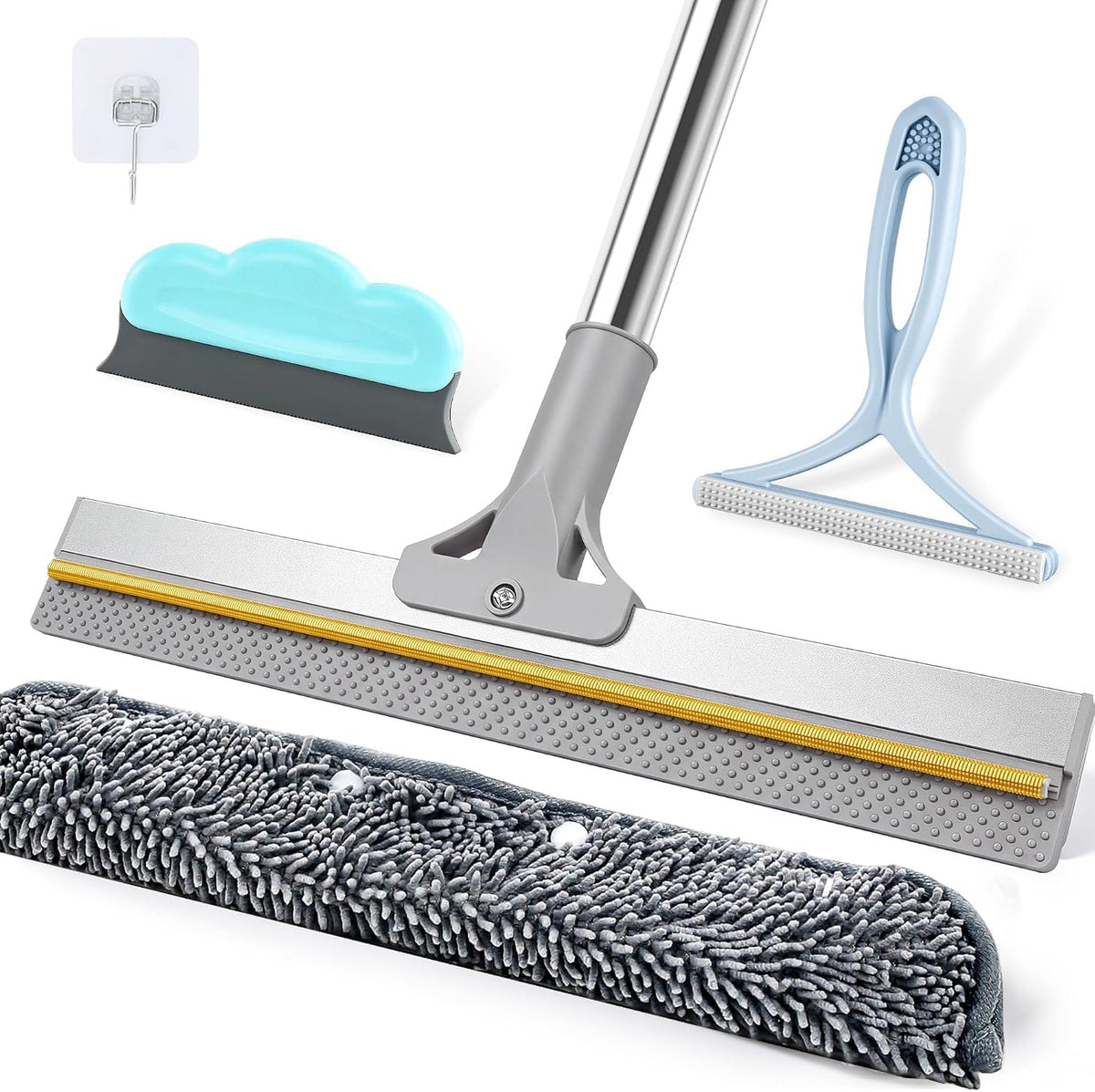 Carpet Rake for Pet Hair Removal, 54-Inch Handle, 5-Piece Set for Rugs