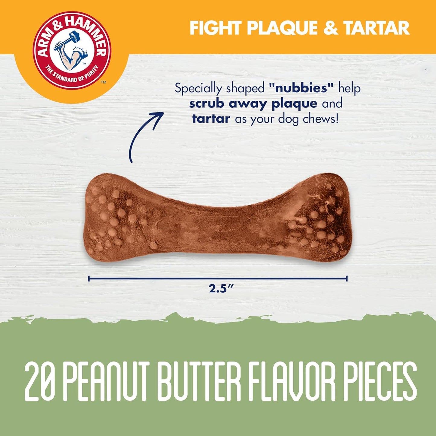 Arm & Hammer for Pets Nubbies Dental Treats Baking Soda Calcium Nubbed Texture Scrubs Plaque Tartar Peanut Butter Flavor Freshens Breath Daily Oral Care 20 Count 7 OZ Single Bag Home Dental Care