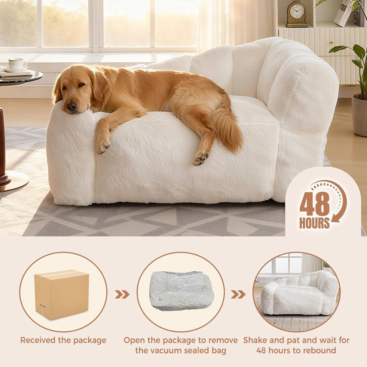 51 Inch Dog Sofa Couch for Large Medium Dogs up to 130 Lbs, Memory Foam Pets Sofa with Faux Fur Fabric Beige