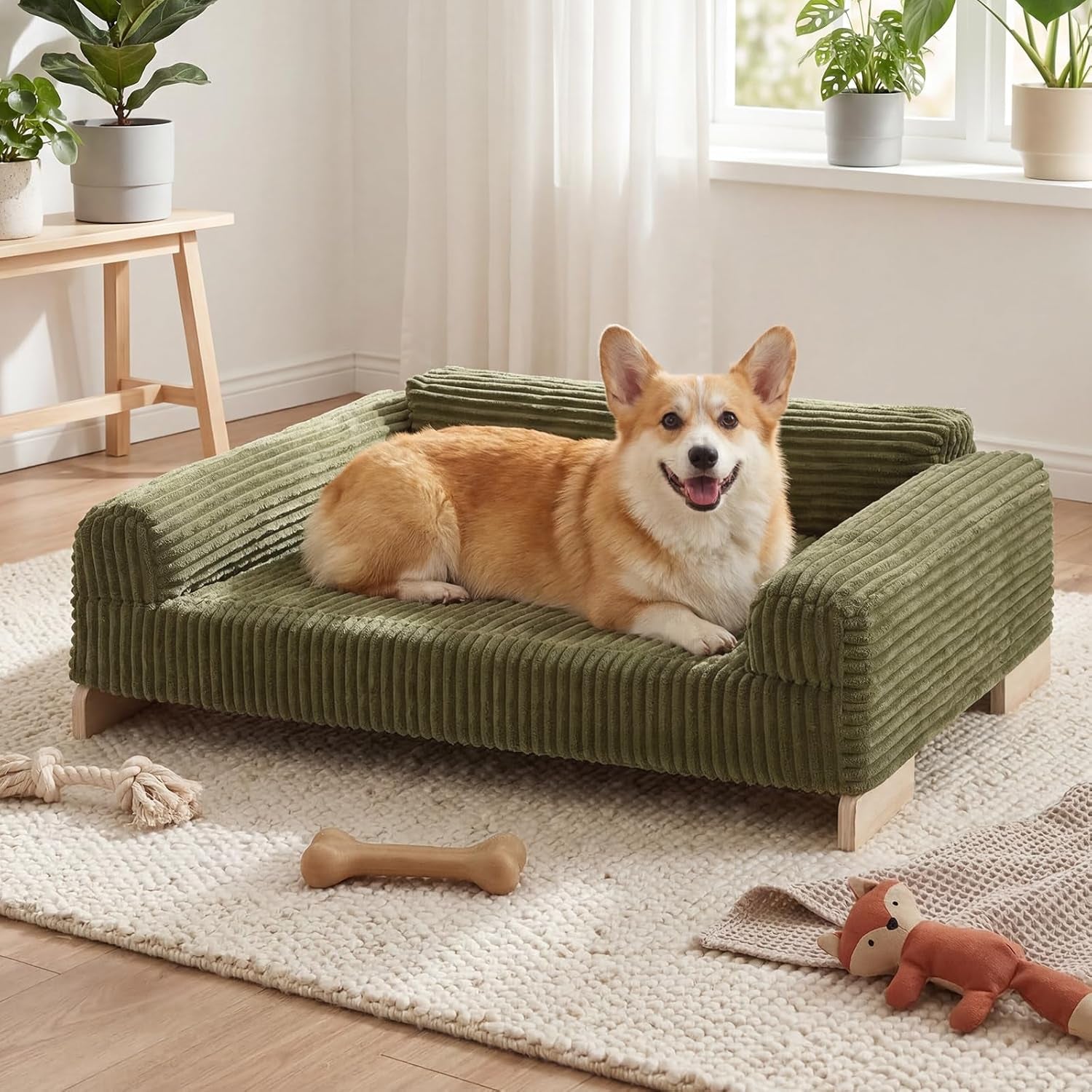 Veehoo Elevated Dog Bed Indoor, Wood Furniture Style Dog Couch Sofa with Removable Washable Cover, Cute & Durable Dogs Bed Furniture for Small Dogs & Puppies up to 40 Lbs