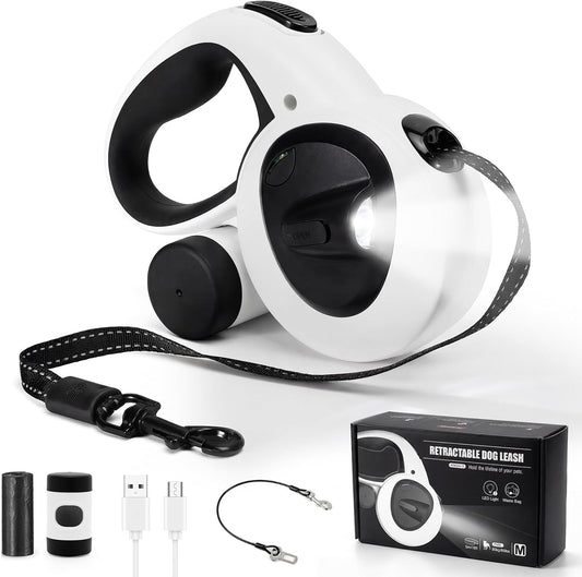 Retractable Dog Leash with USB Rechargeable LED Light, White