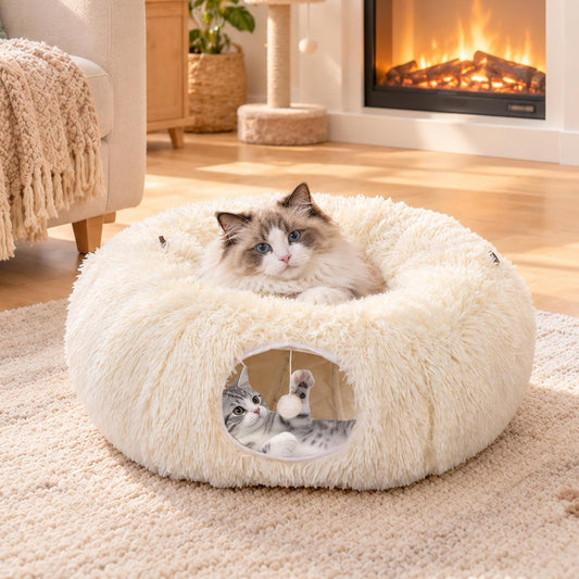Cozy Donut Cat Tunnel Bed for Indoor Cats, Puppy Hideaway Cave Playground